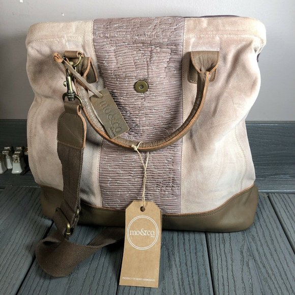 New NWT Mo&Co Leather & Cotton Satchel Carpet Bag Purple Brown Crossbody